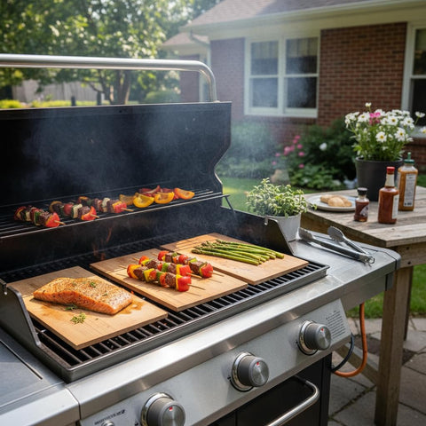 CEDAR ALPHA planks on grill delivering subtle smoky notes