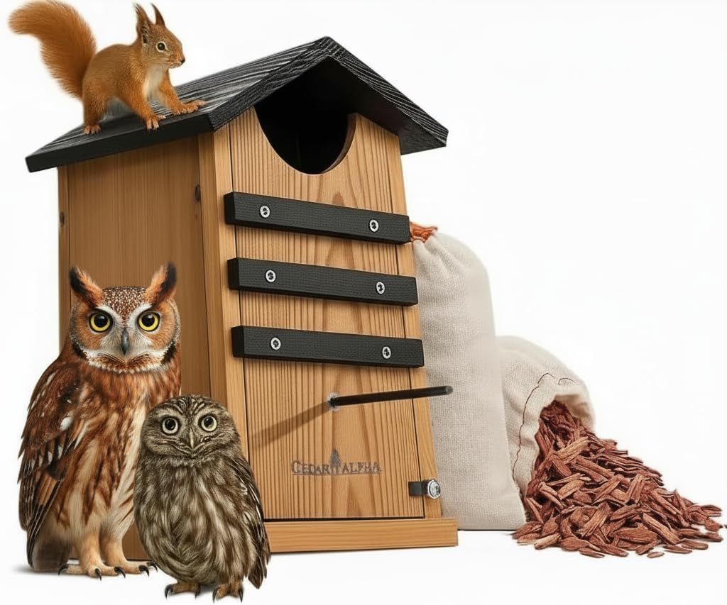 CEDAR ALPHA screech owl house box—durable cedar for year-round outdoor nesting.