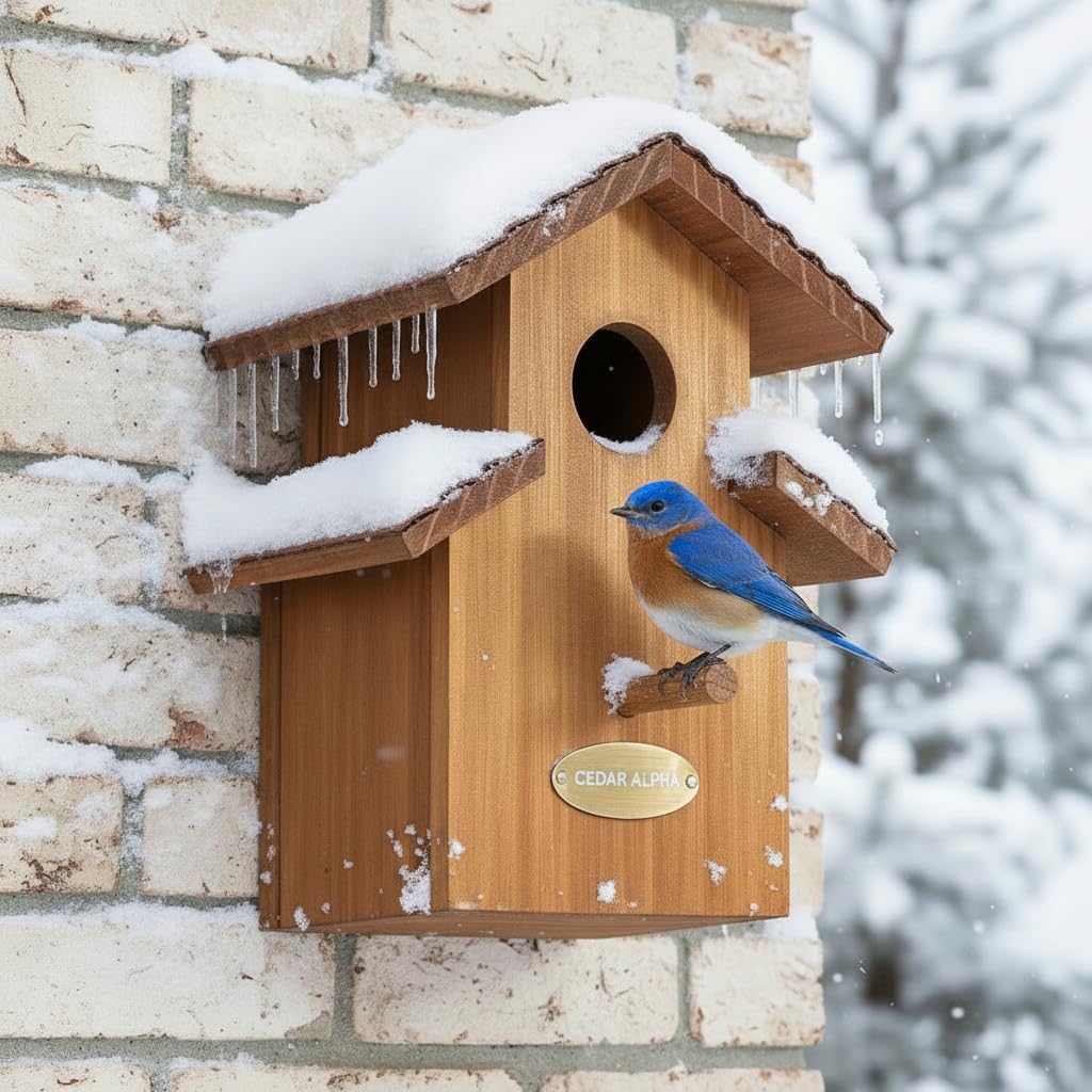 CEDAR ALPHA water proof bluebird house exterior view with durable cedar and metal roof.