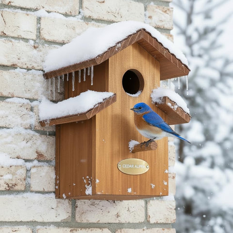 CEDAR ALPHA water proof bluebird house exterior view with durable cedar and metal roof.