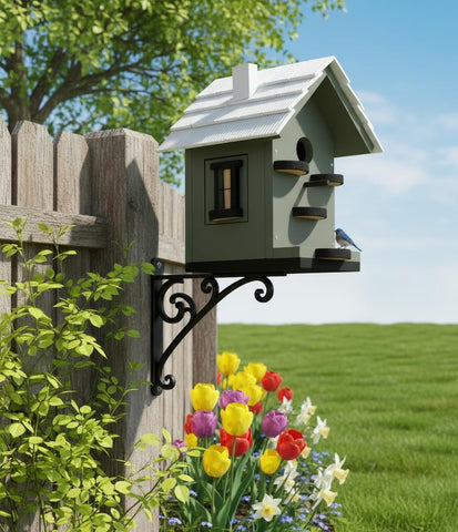 CEDAR ALPHA weatherproof bird house closeup shows durable cedar.