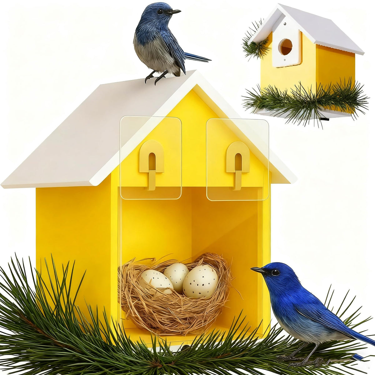 CEDAR ALPHA window-view bird house front yellow with a clear viewing window for observing without disturbance.