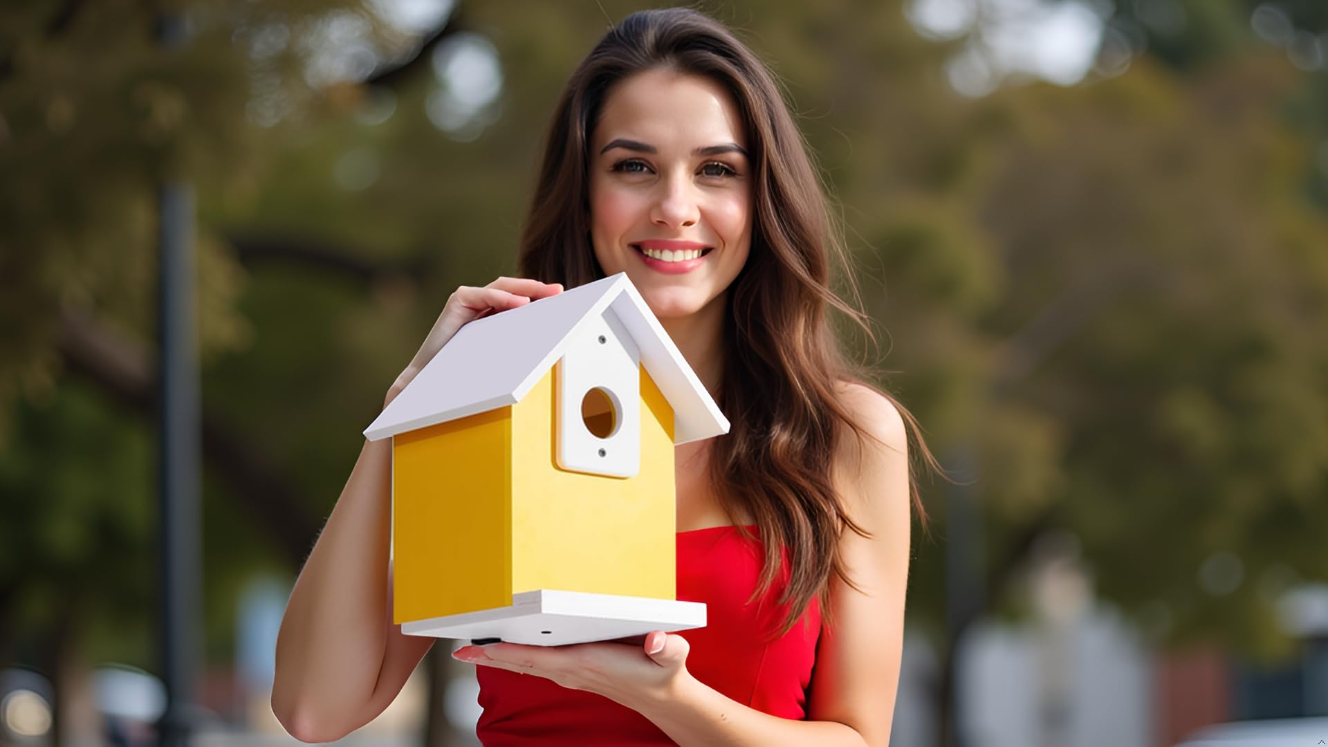 CEDAR ALPHA window-view bird house side yellow highlighting compact outdoor design.