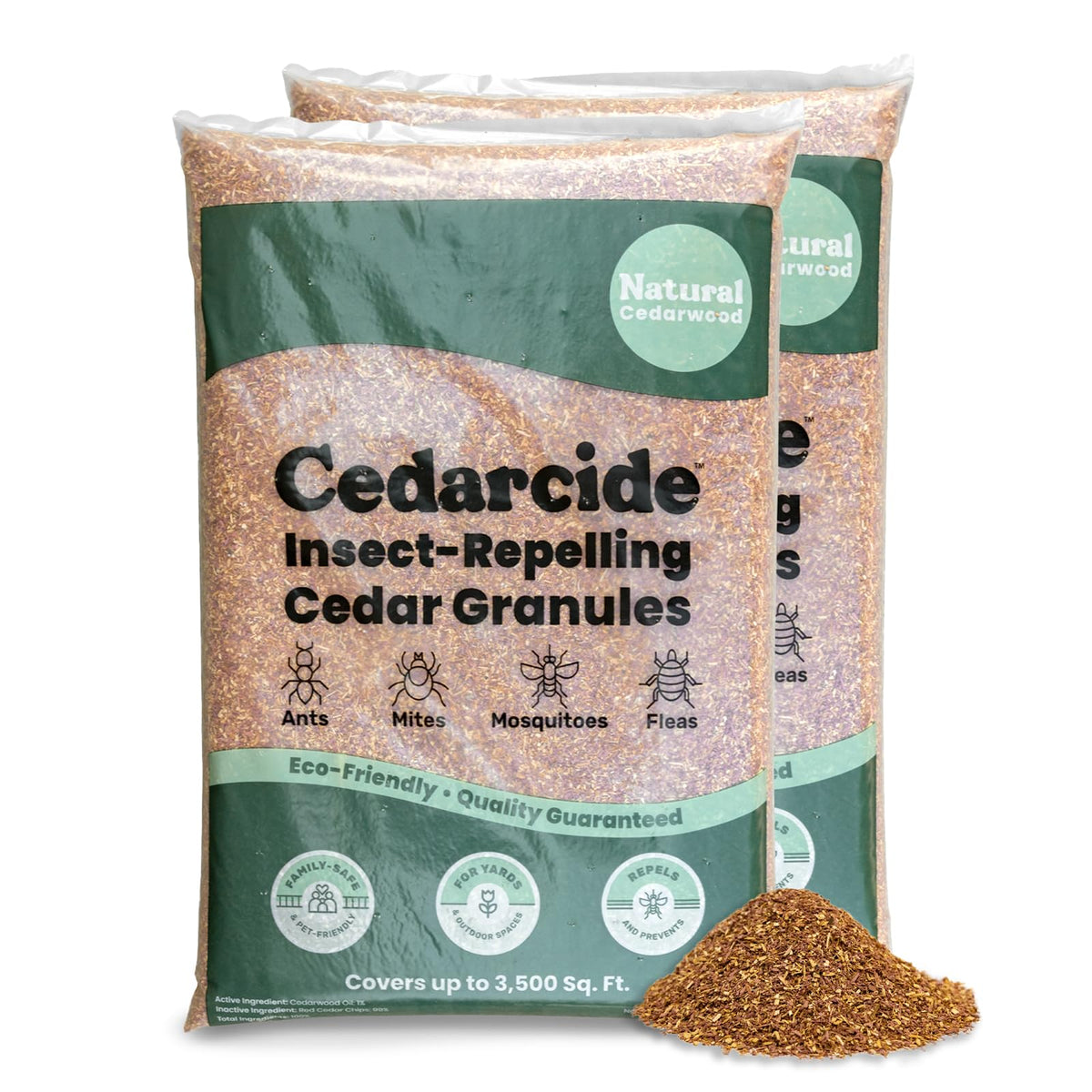 Cedarcide Cedar Granules bag illustrates natural pest deterrence for lawns and gardens.