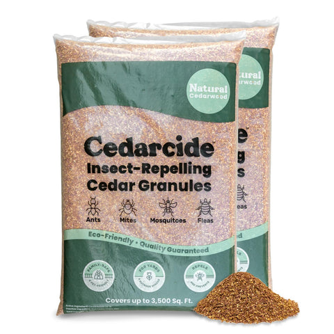 Cedarcide Cedar Granules bag illustrates natural pest deterrence for lawns and gardens.
