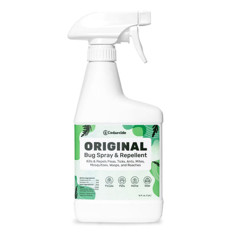 Cedarcide Original Bug Spray bottle close-up showing cedar oil formula for safe pest control.