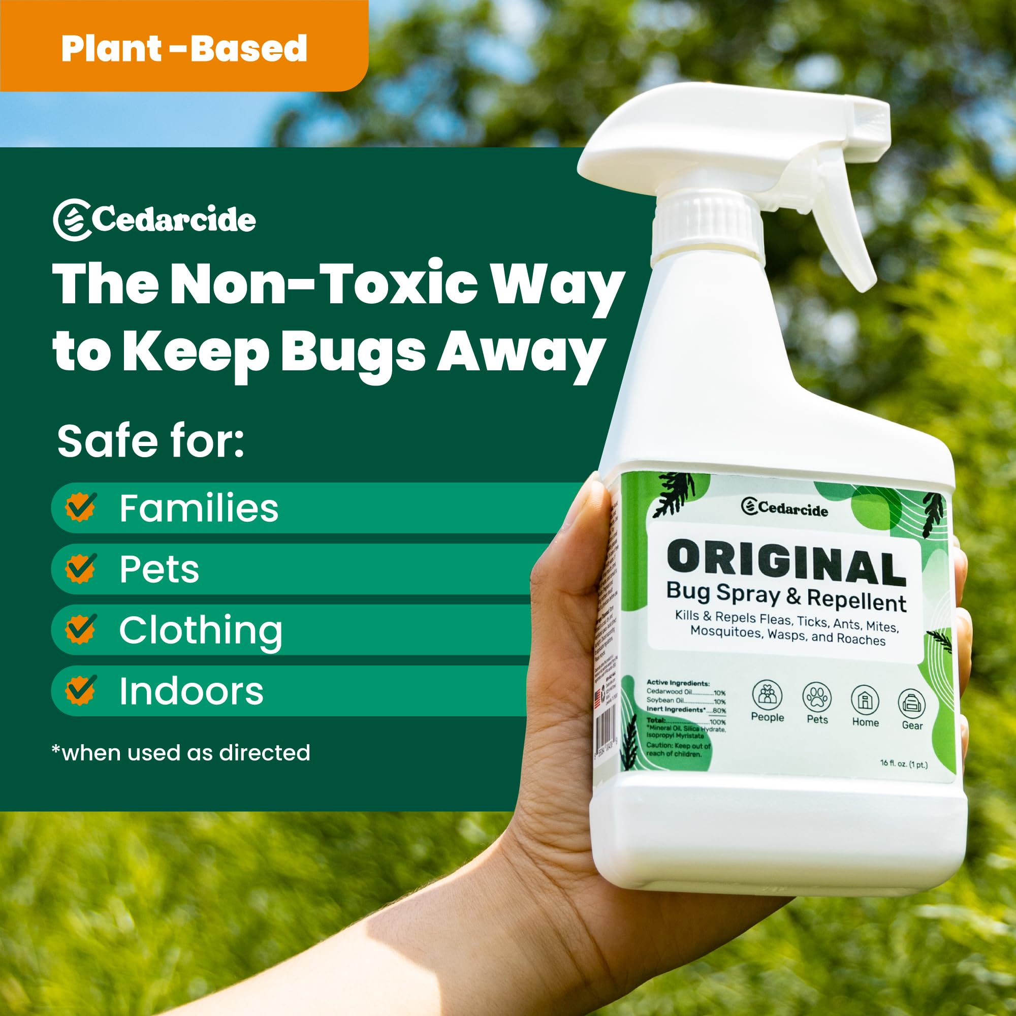 Cedarcide Original Bug Spray applied to skin for versatile outdoor protection.