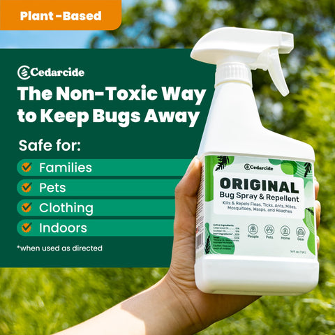 Cedarcide Original Bug Spray applied to skin for versatile outdoor protection.