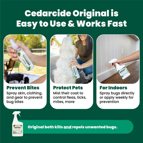 Cedarcide Original Bug Spray used outdoors on a patio to protect guests.