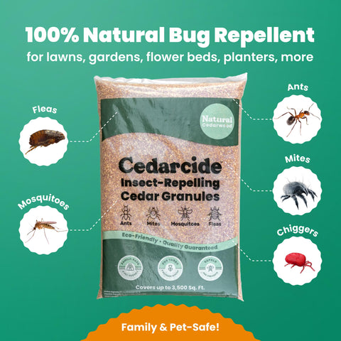 Cedarcide Original Cedar Granules sprinkled on patio to guard outdoor seating.
