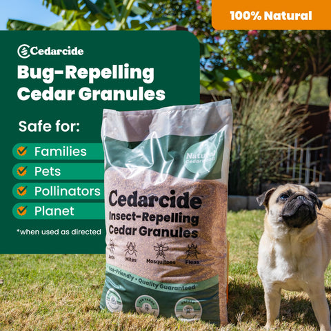 Cedarcide Original Cedar Granules used around pets for gentle insect deterrence.