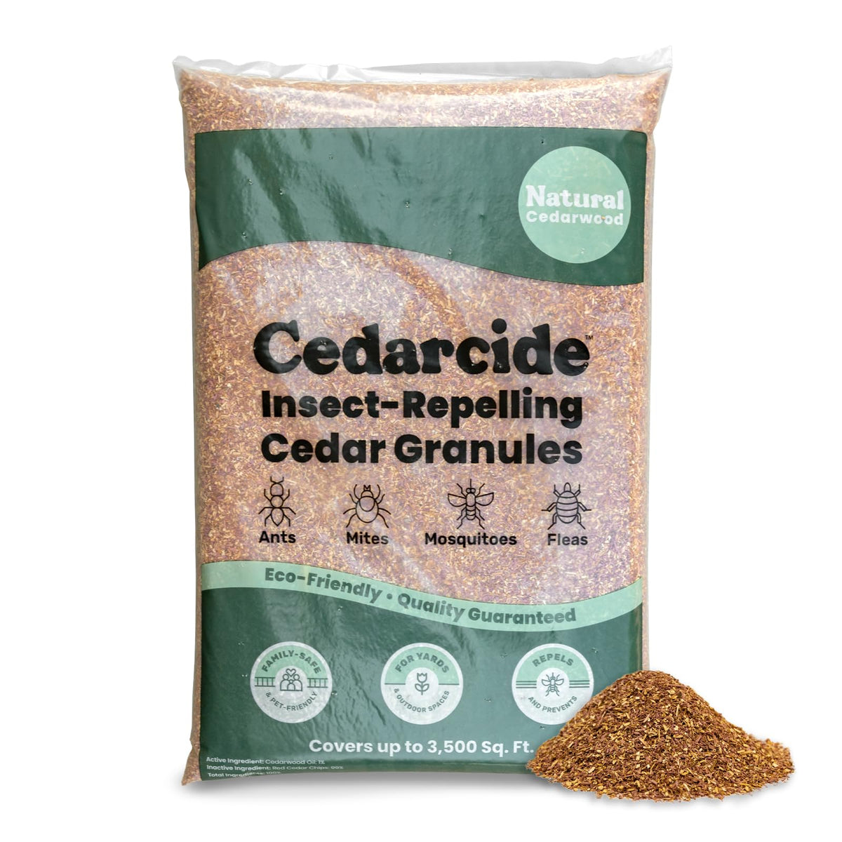 Cedarcide Original Cedar Granules cover yard area to deter insects naturally.