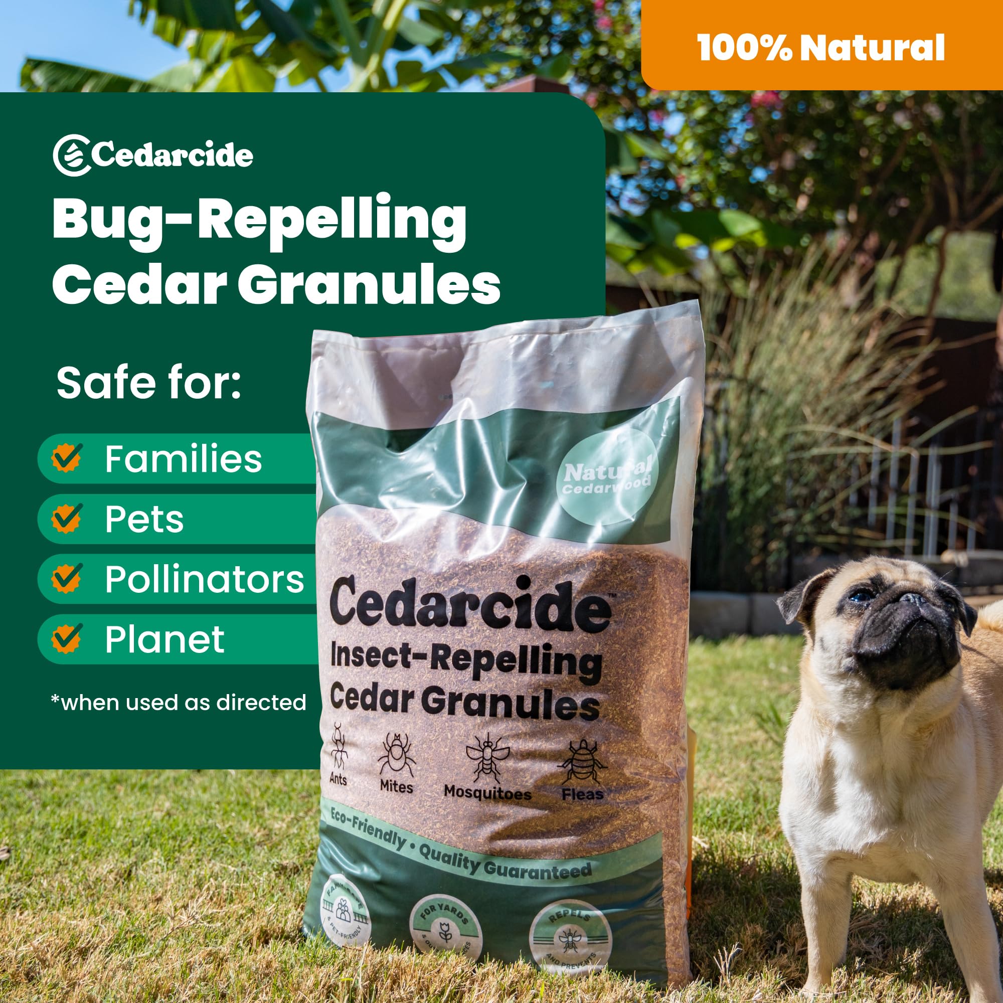 Eco-friendly cedar aroma supports a family-friendly outdoor space with Cedarcide granules.