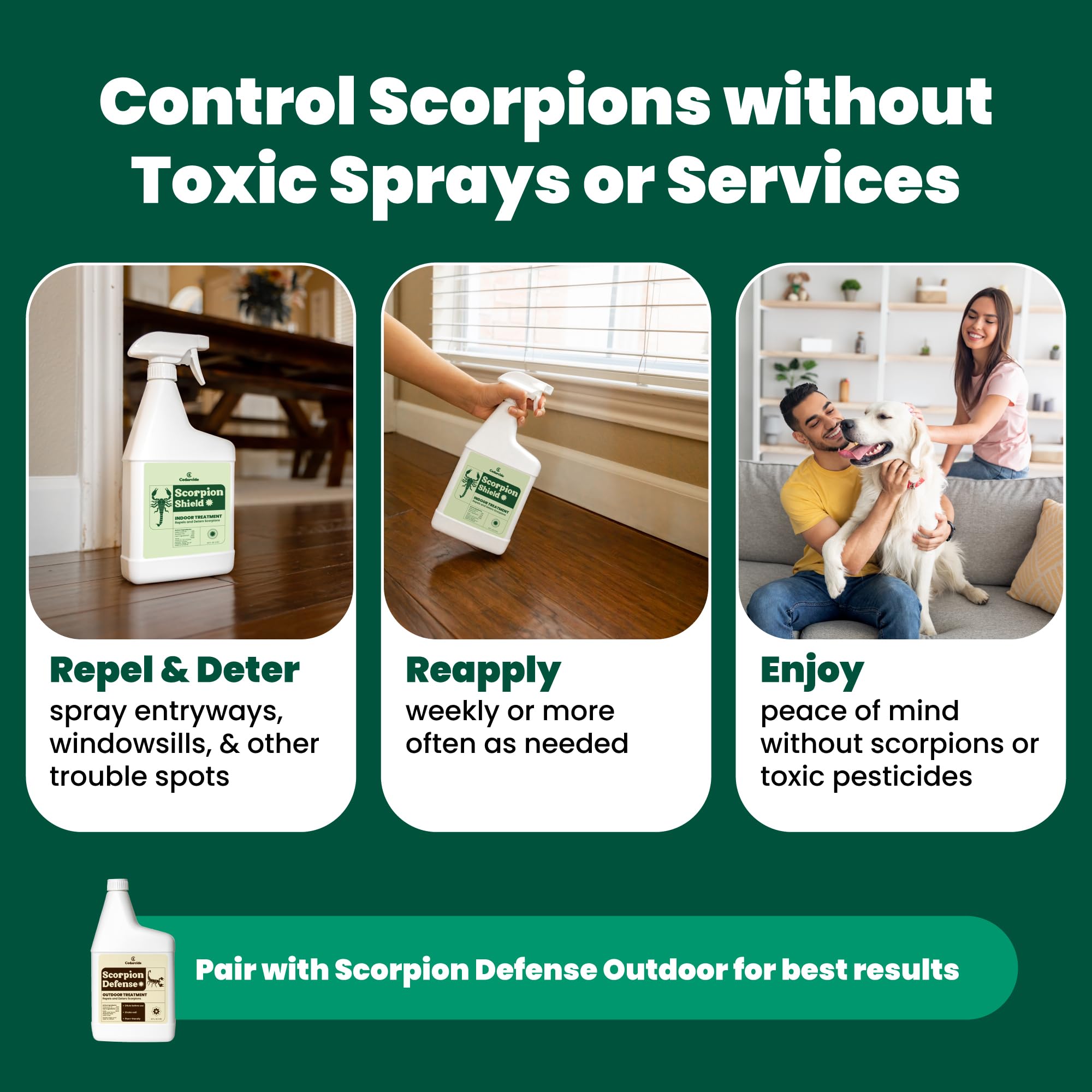Indoor surfaces treated with Cedarcide Scorpion Shield to deter pests