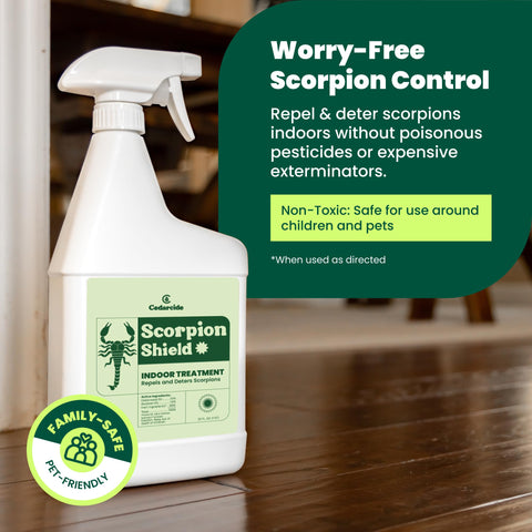 Cedarcide Scorpion Shield packaging emphasizes plant-based cedar oil formula