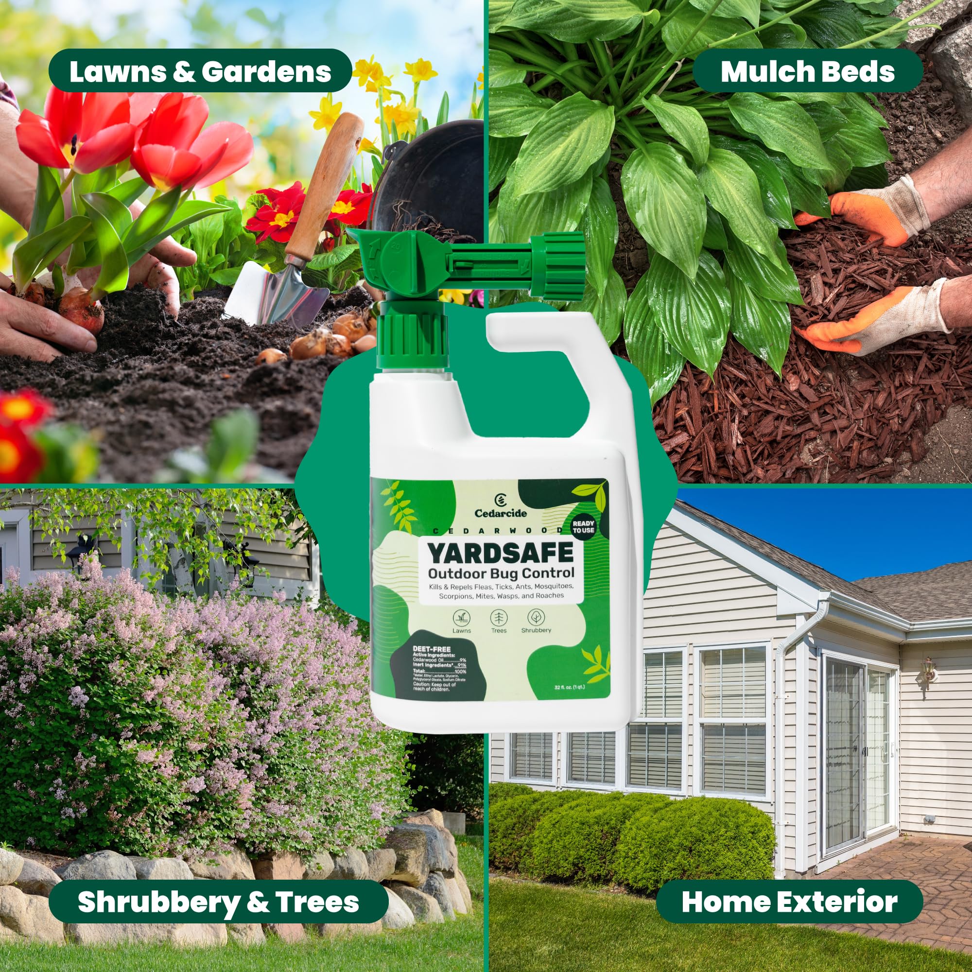 Cedarcide YardSafe spraying action demonstrates quick treatment across lawns.