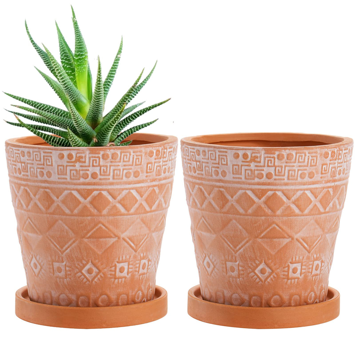 Cedilis 5-inch terracotta pot, top view with white geometric design for a stylish display