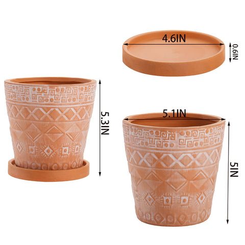 Two Cedilis terracotta pots with matching saucers ready for watering