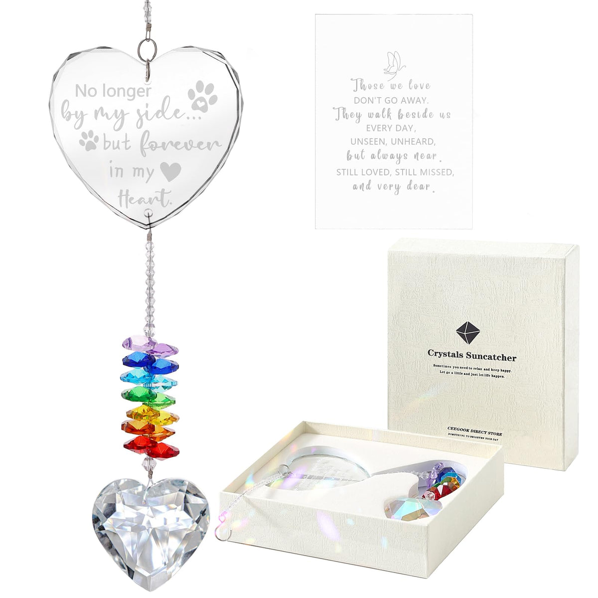 Ceegook dog memorial suncatcher heart, rainbow reflections for remembrance.