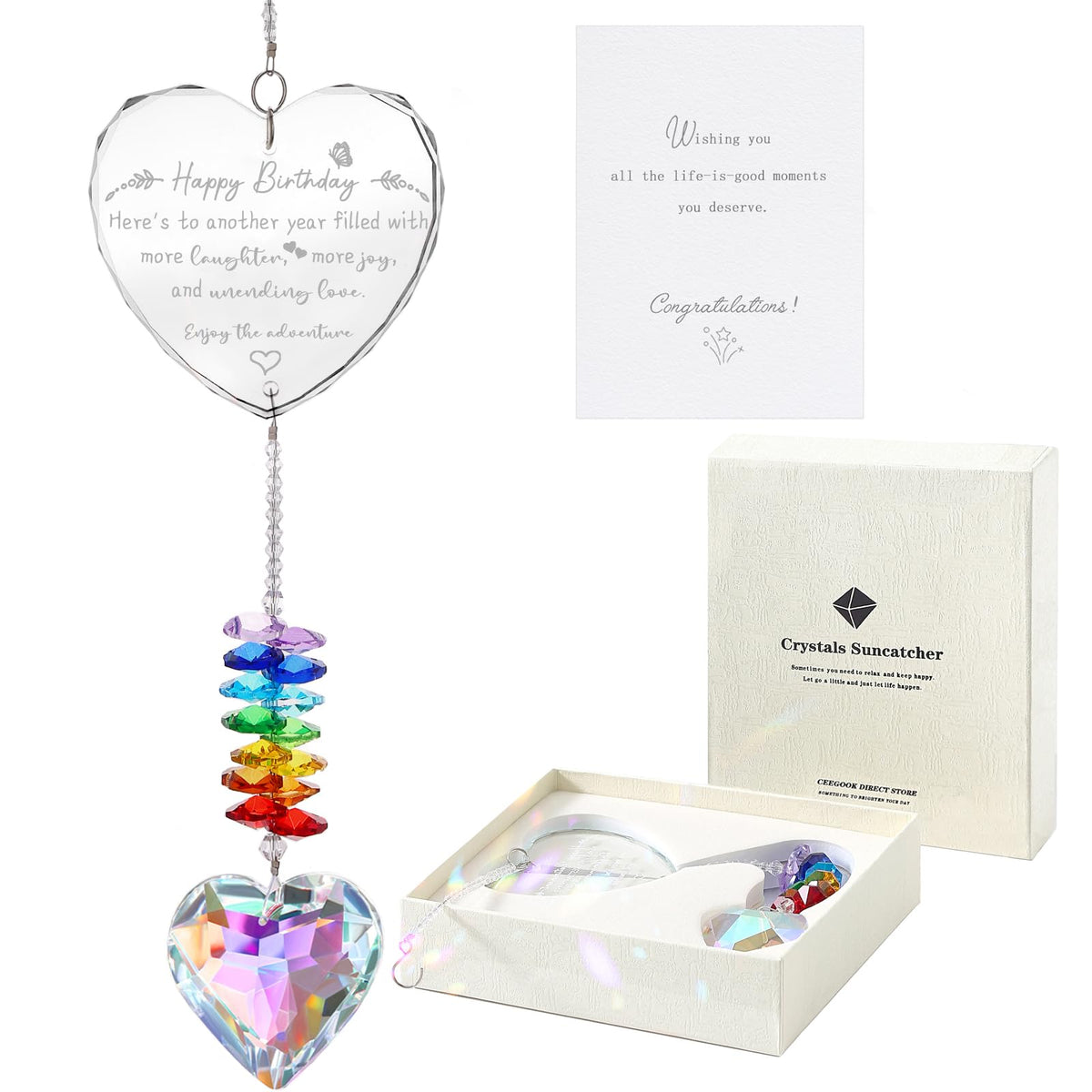 Ceegook heart crystal suncatcher hanging in a sunny window, creating colorful reflections.