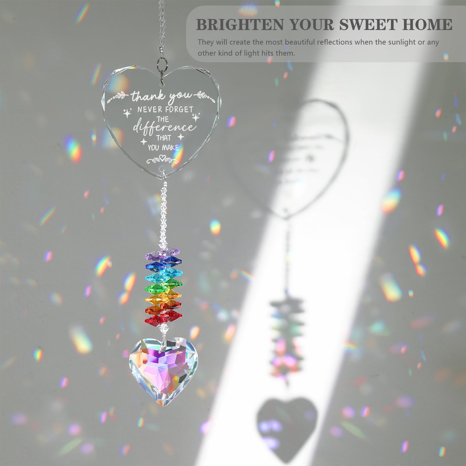 Ceegook heart shaped crystal prisms catch sunlight and create colorful reflections