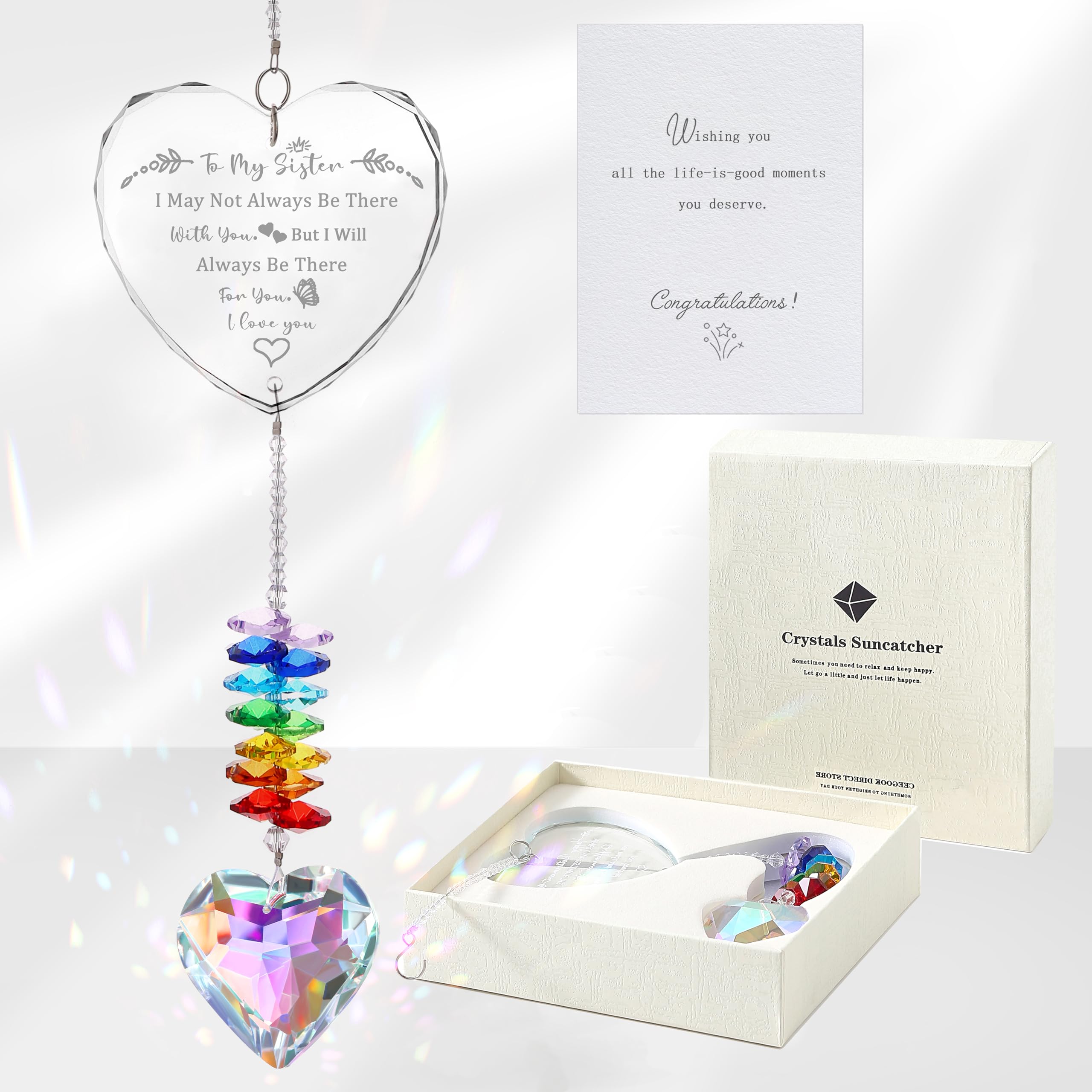 Ceegook Sister Suncatcher heart crystal close-up, vivid sun reflections for window decor.