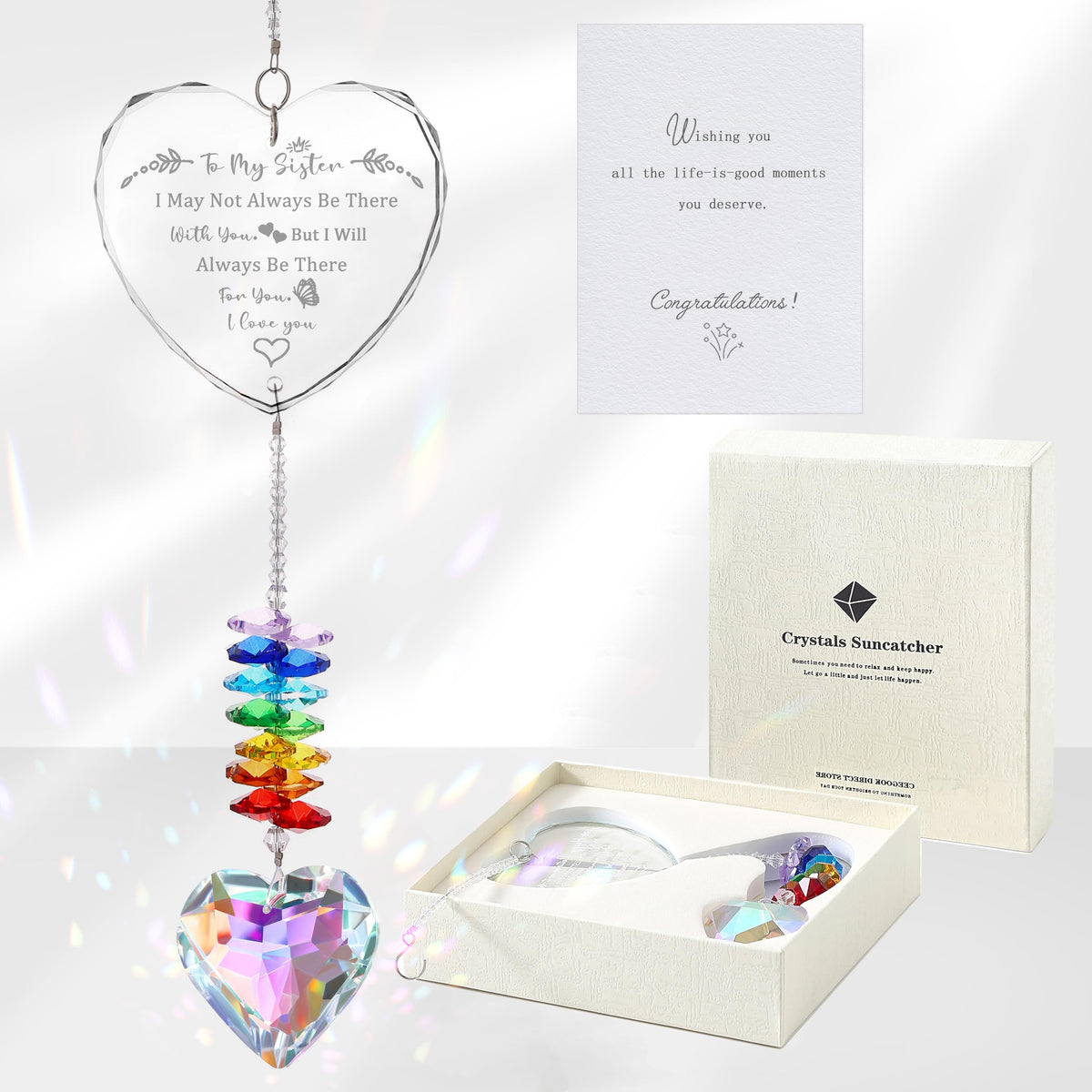 Ceegook Sister Suncatcher heart crystal close-up, vivid sun reflections for window decor.