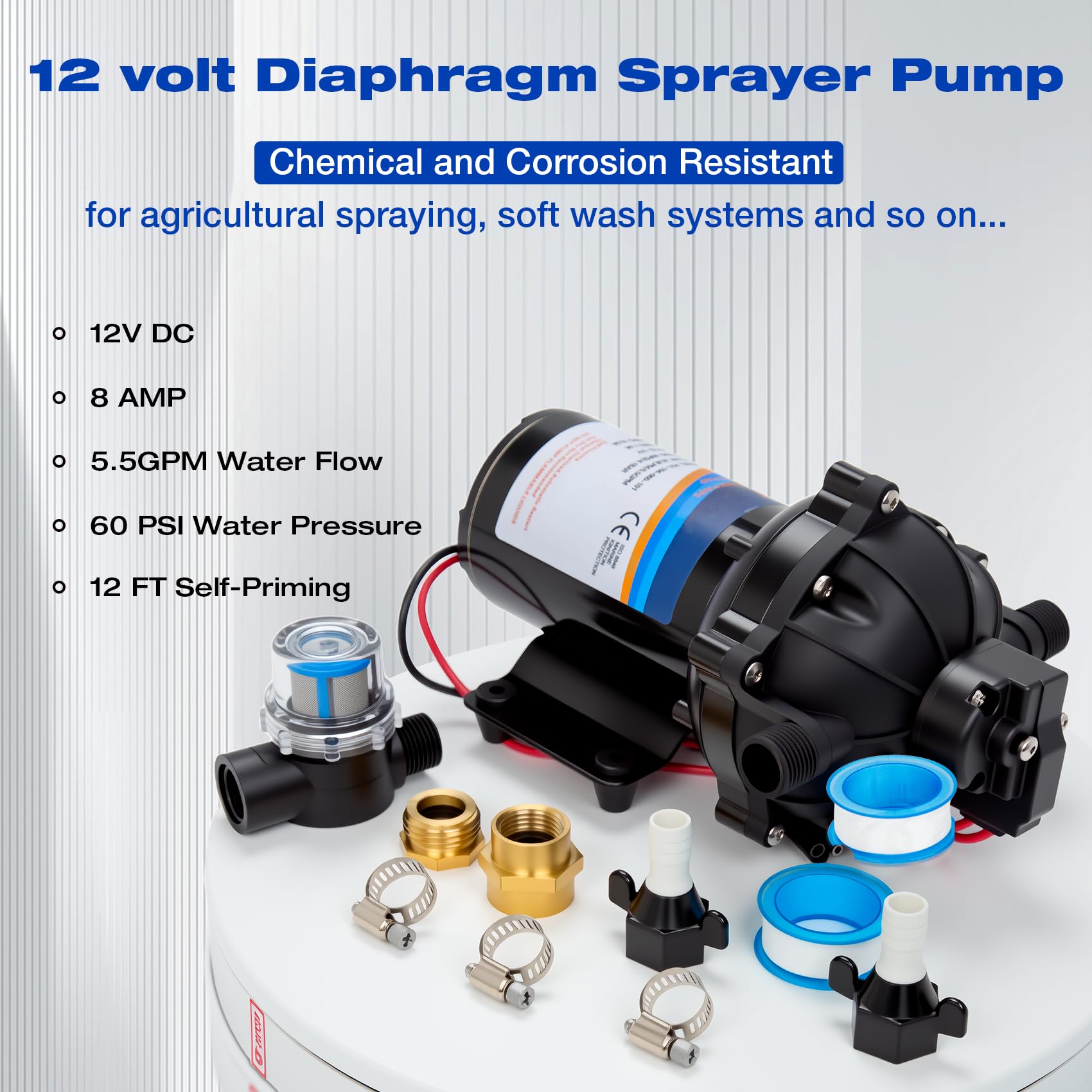 Ceelpeopar 5.5GPM 12V sprayer pump, side view, rugged build for easy mounting.