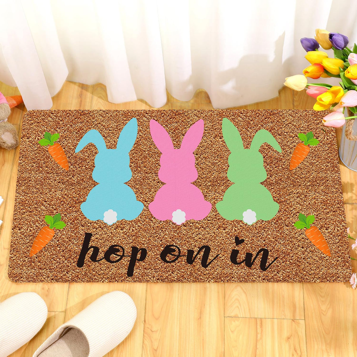 Ceenna Easter Bunny coir doormat at the entrance traps dirt while welcoming guests.