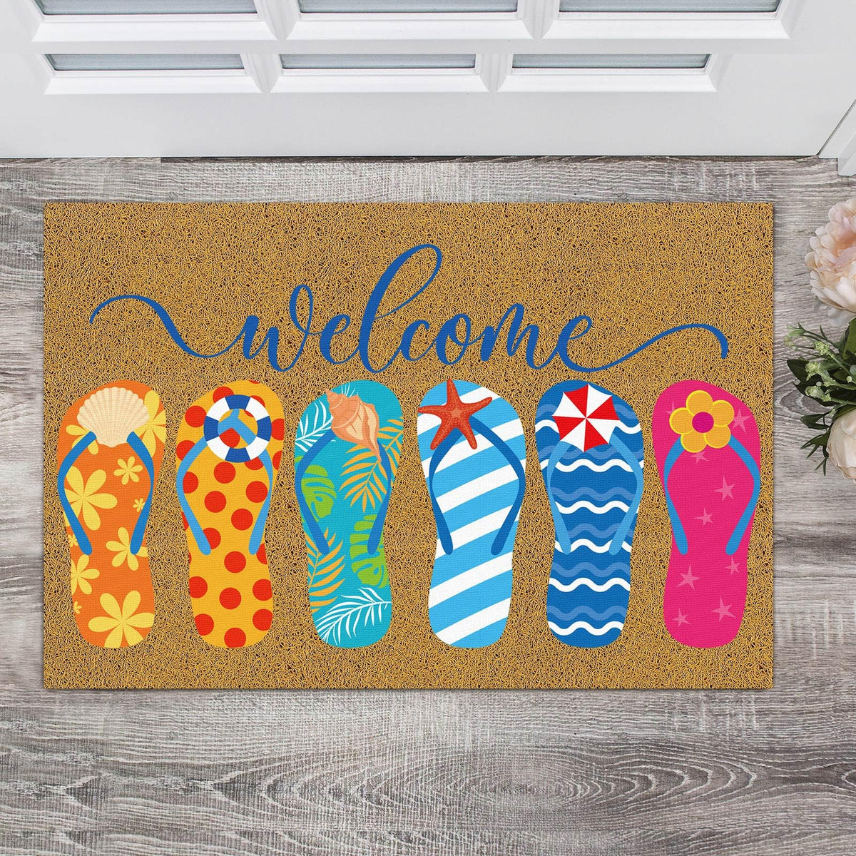 Ceenna Summer Flip Flops doormat with bright welcome design catches dirt at the doorstep.