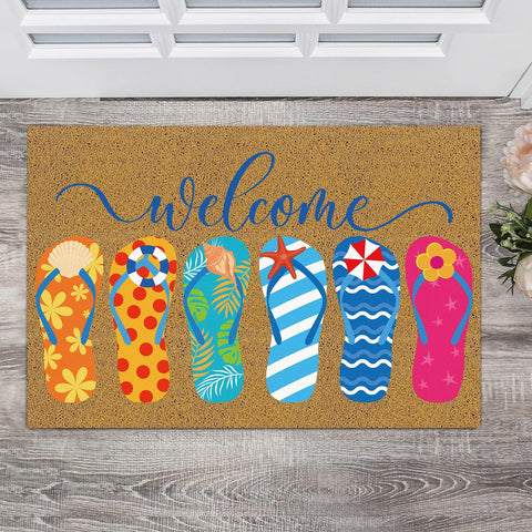Ceenna Summer Flip Flops doormat with bright welcome design catches dirt at the doorstep.