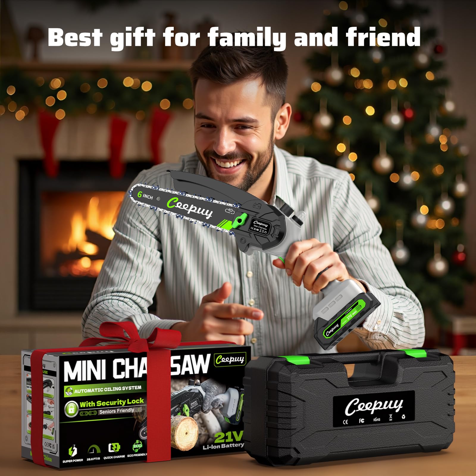 CEEPUY cordless mini chainsaw with auto oil system for smoother cuts.