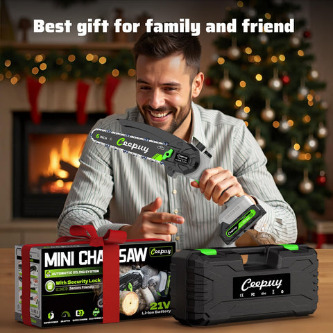 CEEPUY cordless mini chainsaw with auto oil system for smoother cuts.