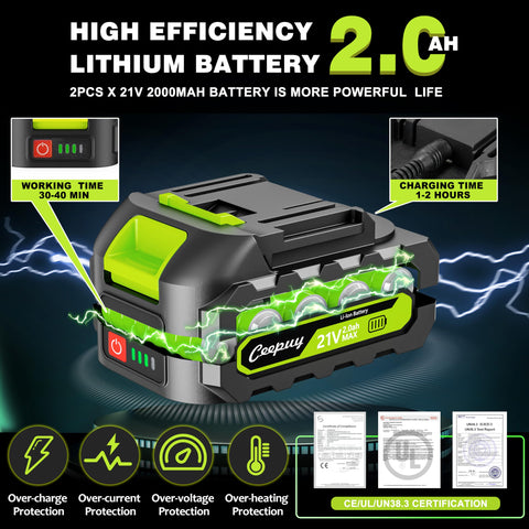 Dual 21V 2000mAh batteries enabling extended use and quick recharge.