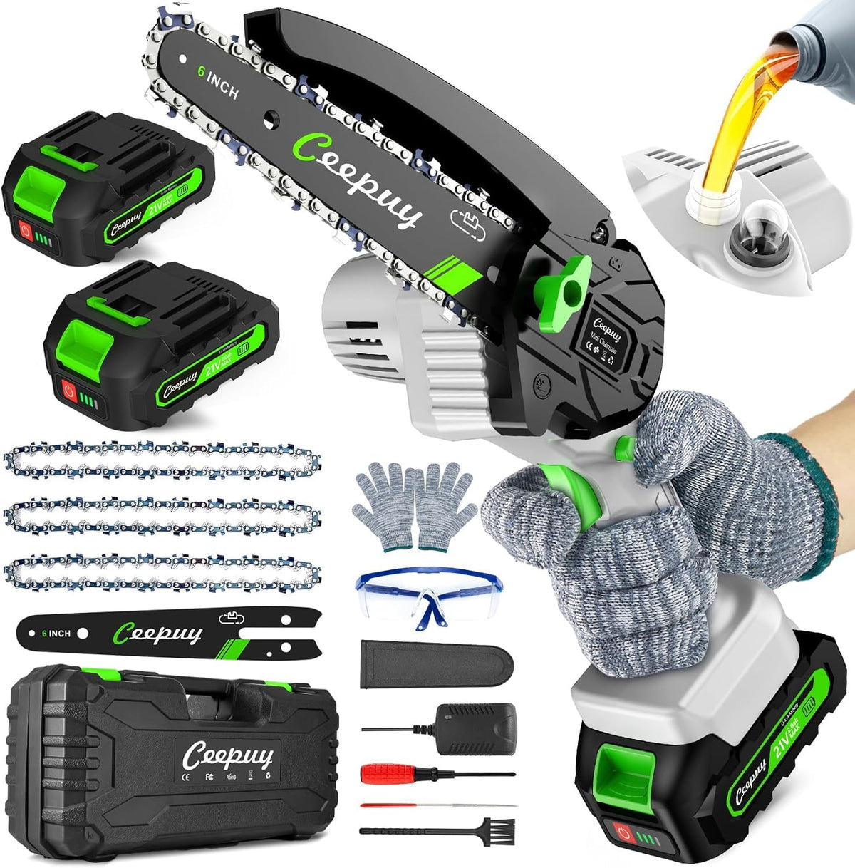 CEEPUY mini chainsaw 6-inch cutting action for fast garden trimming.