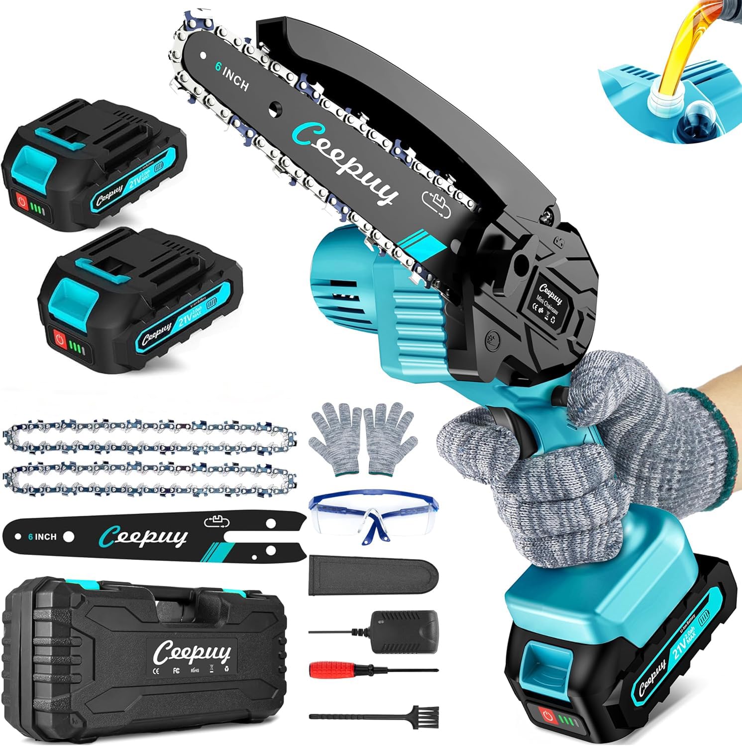 Ceepuy mini chainsaw 6in cutting action for fast log trimming