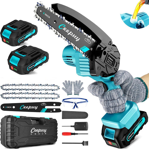 Ceepuy mini chainsaw 6in cutting action for fast log trimming