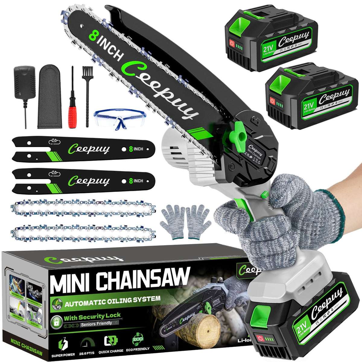 Ceepuy mini chainsaw 8in cutting action demonstrates fast wood cutting for home projects.