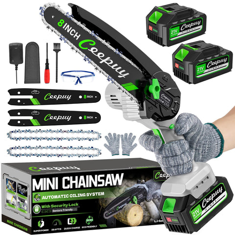 Ceepuy mini chainsaw 8in cutting action demonstrates fast wood cutting for home projects.
