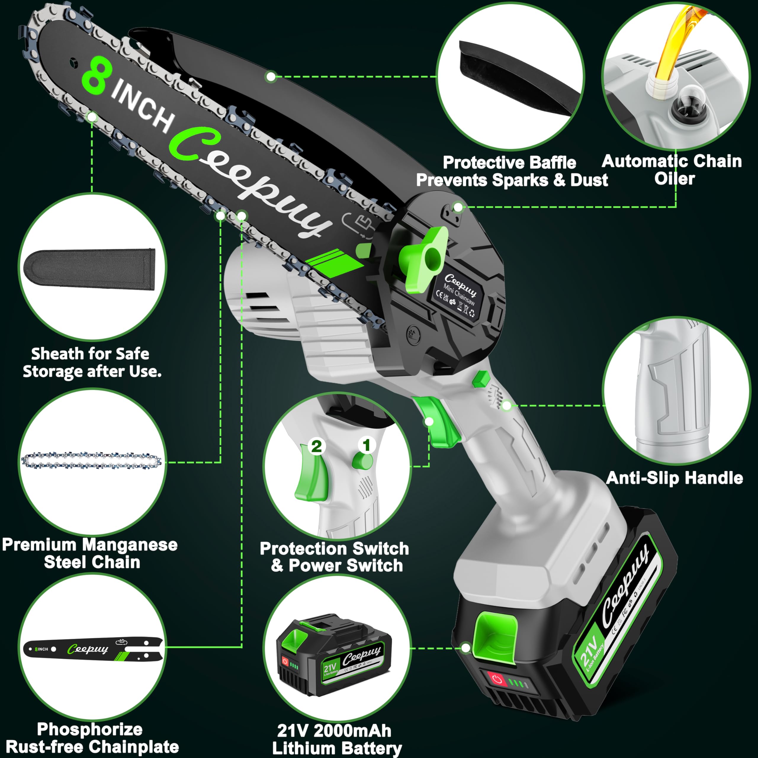 Ceepuy mini chainsaw in box shows easy setup and quick accessory access.