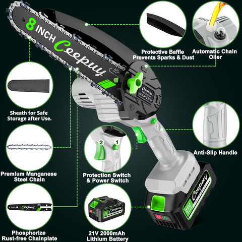 Ceepuy mini chainsaw in box shows easy setup and quick accessory access.