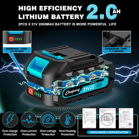 Ceepuy dual 21V 2000mAh battery pack enables extended cordless operation