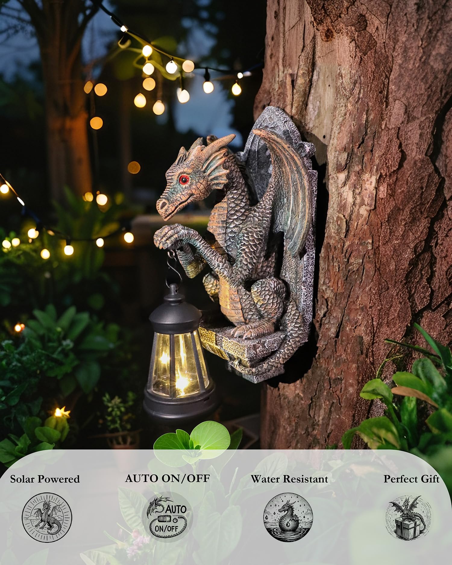 CeiooCei dragon figurine night light enhances outdoor ambiance at dusk.