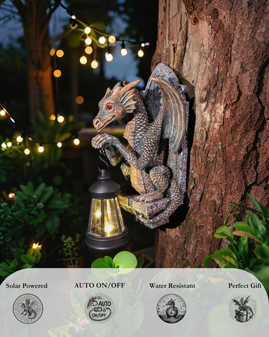CeiooCei dragon figurine night light enhances outdoor ambiance at dusk.