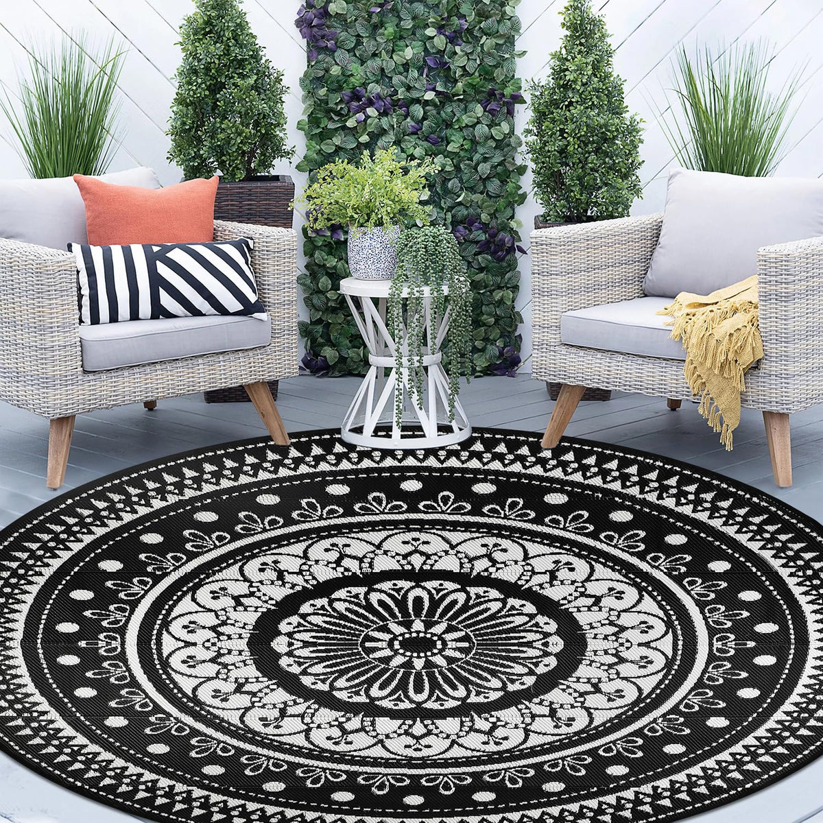 Cekene round outdoor rug on patio for durable outdoor entertaining.