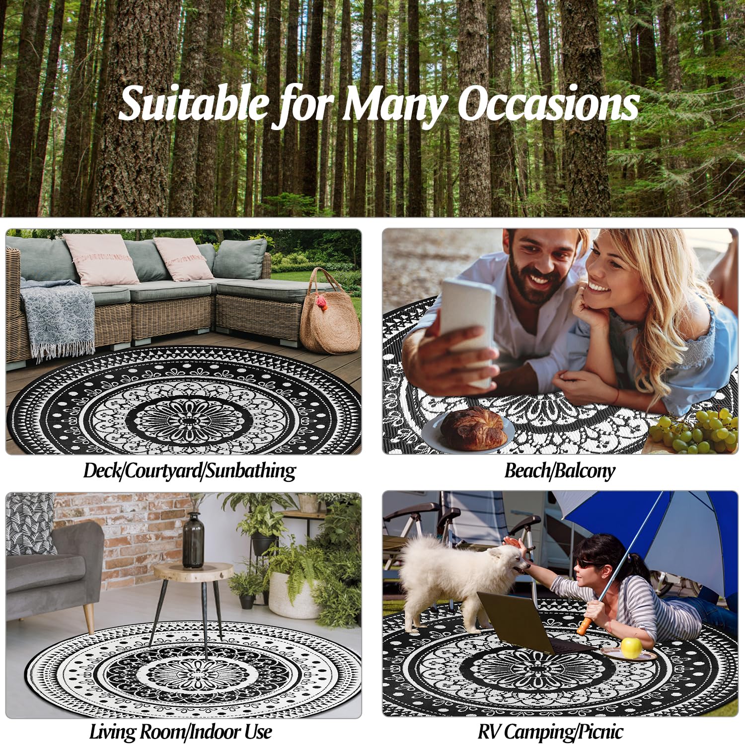 Cekene round rug doubles as an RV camping mat.