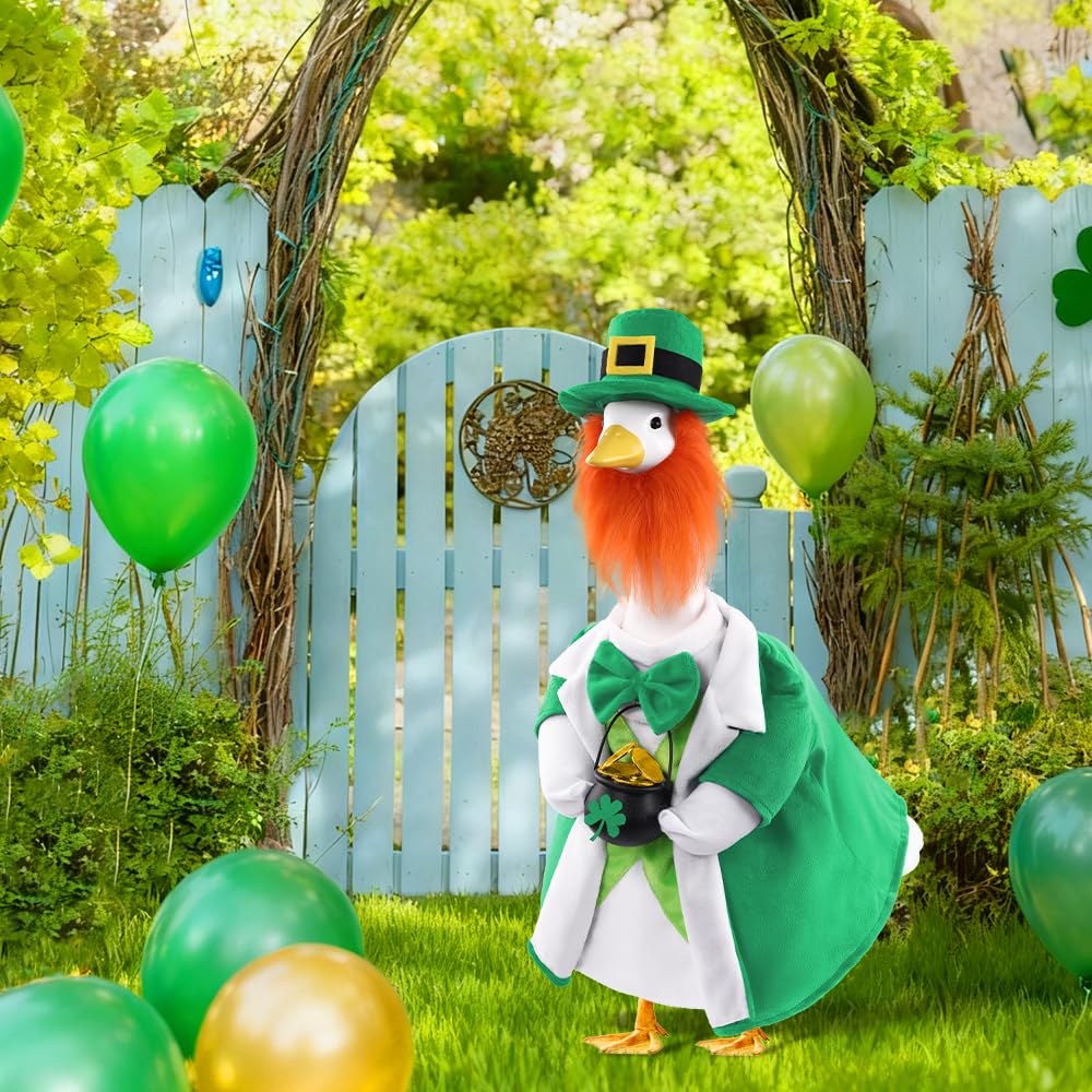 Celltestria goose costume with pot of gold creates a whimsical garden focal point