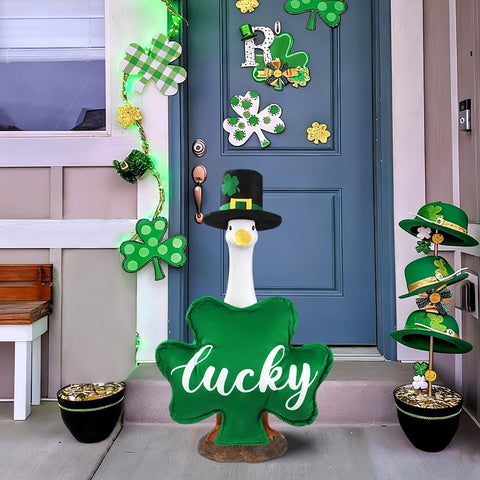 Celltestria green-themed costume fits 23-inch geese for porch decoration.
