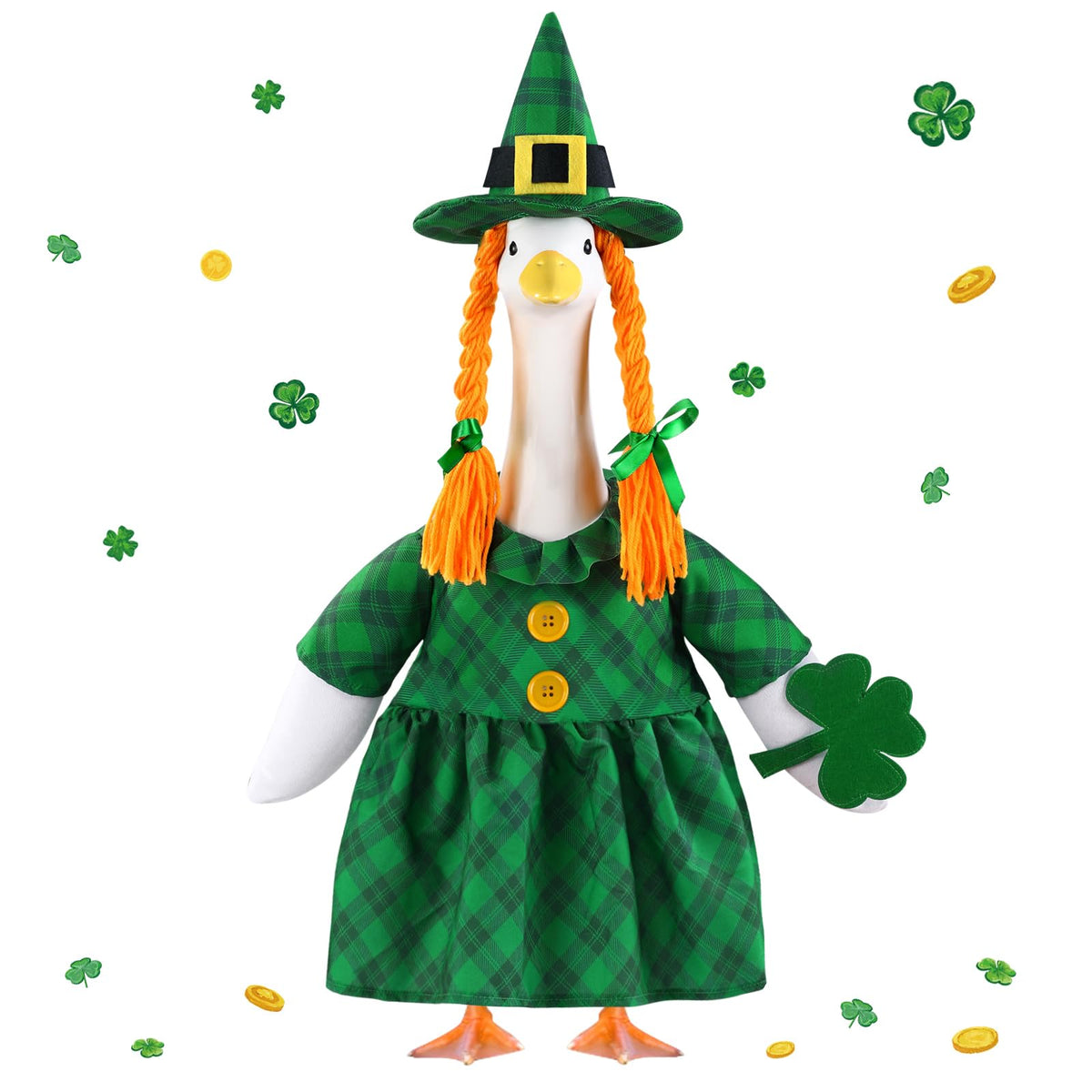 Celltestria St Patrick's goose outfit on 23-inch statue enhances yard charm.