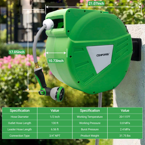CENFORGE reel with extended hose provides broad lawn coverage and flexibility.